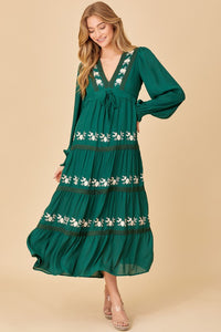 Hunter Green V-neck Maxi Dress With Floral Embroidery Detail