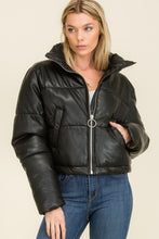 Black Faux Leather Long Sleeve Fluffy Puffer Jackets