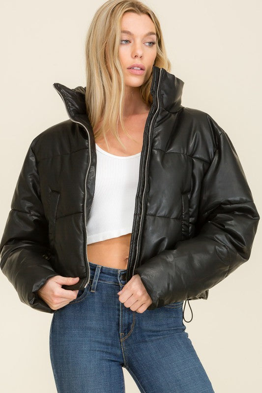 Black Faux Leather Long Sleeve Fluffy Puffer Jackets