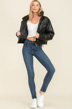 Black Faux Leather Long Sleeve Fluffy Puffer Jackets