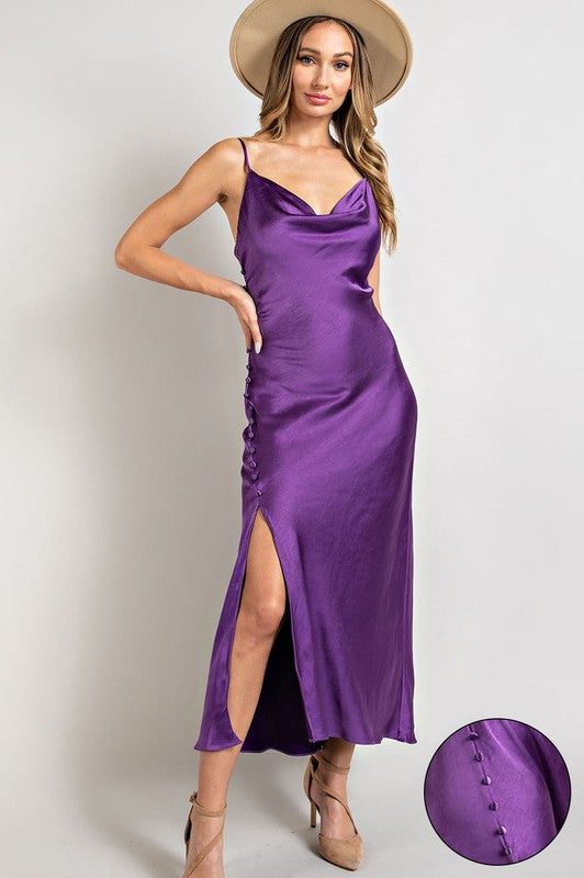 Purple Satin Cowl Neck Slit Maxi Dress – Aquarius Brand