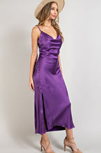 Purple Satin Cowl Neck Slit Maxi Dress