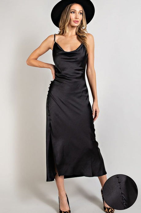 Black Satin Cowl Neck Slit Maxi Dress