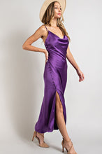 Purple Satin Cowl Neck Slit Maxi Dress