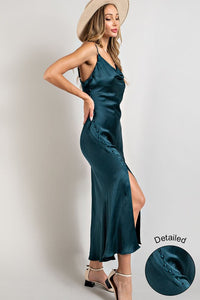 Teal Satin Cowl Neck Slit Maxi Dress