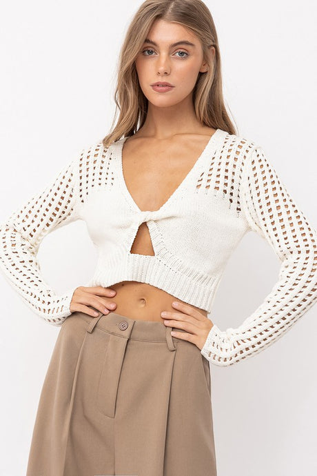 Offwhite Knitted Front Twist Open Stitch Sweater