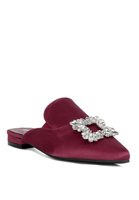 Burgundy Perrine Diamante Jewel Satin Mules In Black