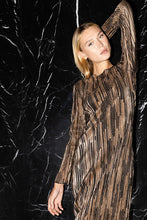 Black Gold Crinkle Glitter Striped Boat Neck Midi Dress