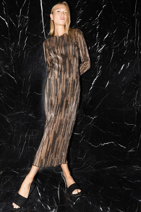 Black Gold Crinkle Glitter Striped Boat Neck Midi Dress