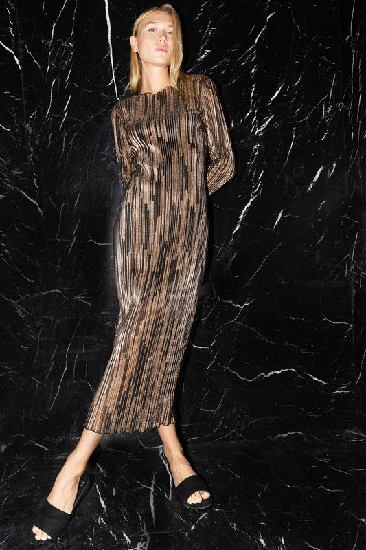 Black Gold Crinkle Glitter Striped Boat Neck Midi Dress – Aquarius