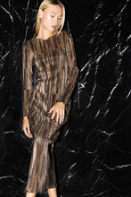 Black Gold Crinkle Glitter Striped Boat Neck Midi Dress
