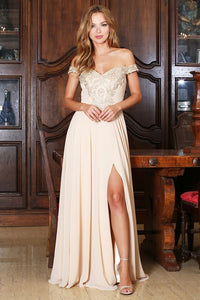 Champagne/Gold One-shoulder Embroidered Slit Long Evening Dress