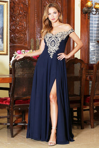 Navy/Gold One-shoulder Embroidered Slit Long Evening Dress