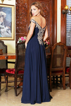 Navy/Gold One-shoulder Embroidered Slit Long Evening Dress