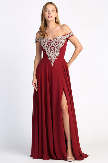 Burgundy/Gold One-shoulder Embroidered Slit Long Evening Dress