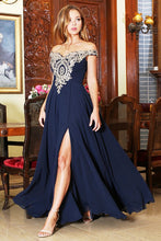 Navy/Gold One-shoulder Embroidered Slit Long Evening Dress