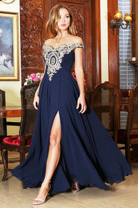 Navy/Gold One-shoulder Embroidered Slit Long Evening Dress