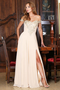 Champagne/Gold One-shoulder Embroidered Slit Long Evening Dress