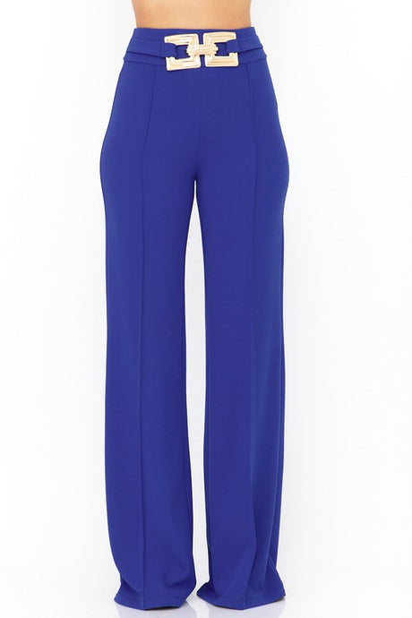 Royal Blue High Waist Pants With Buckle Trim Detail