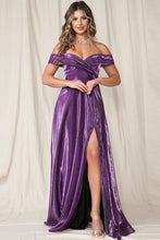 Purple Off The Shoulder Shiny Slit Maxi Dress
