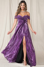 Purple Off The Shoulder Shiny Slit Maxi Dress