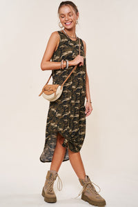 Taupe Sleeveless Camo Casual Long Dress