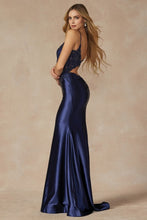 Navy Blue Embroidered Bodice Plunging Neck Prom Dress