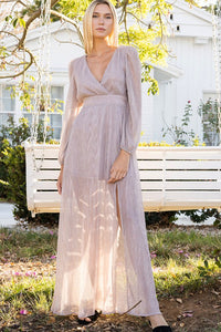 Blush Silver Shimmery Long Sleeve Maxi Dress