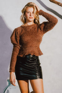 Brown Furry Long Sleeve Top Button Back Shoulder Pad
