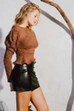 Brown Furry Long Sleeve Top Button Back Shoulder Pad