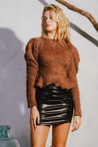 Brown Furry Long Sleeve Top Button Back Shoulder Pad