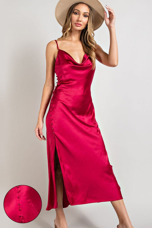 red satin cowl neck midi dress Women's Cowl Neck Sleeveless Satin Midi Dress, Bronze