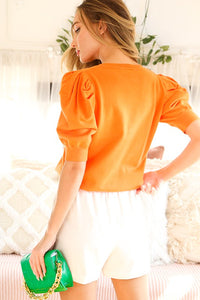 Orange V-neck Puff Short Sleeve Sweater Top