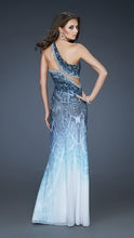 Deep Ocean Blue Print Beaded And Sequin One Shoulder Long Dress