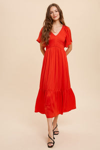 Red Washed Satin Smocked Midi Dress