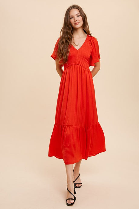 Red Washed Satin Smocked Midi Dress