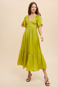Pistachio Washed Satin Smocked Midi Dress