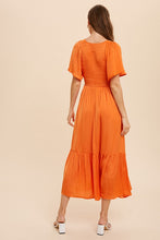 Papaya Washed Satin Smocked Midi Dress