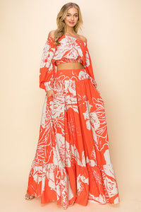 Orange Off Shoulder Top And Maxi Skirt Set