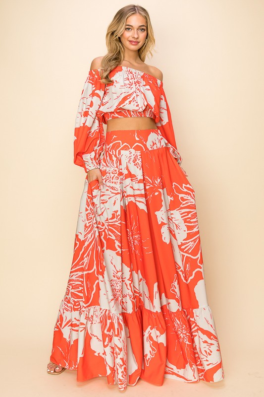 Orange Off Shoulder Top And Maxi Skirt Set