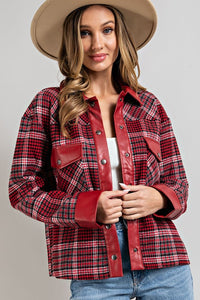 Red Mixed Faux Leather Plaid Jacket