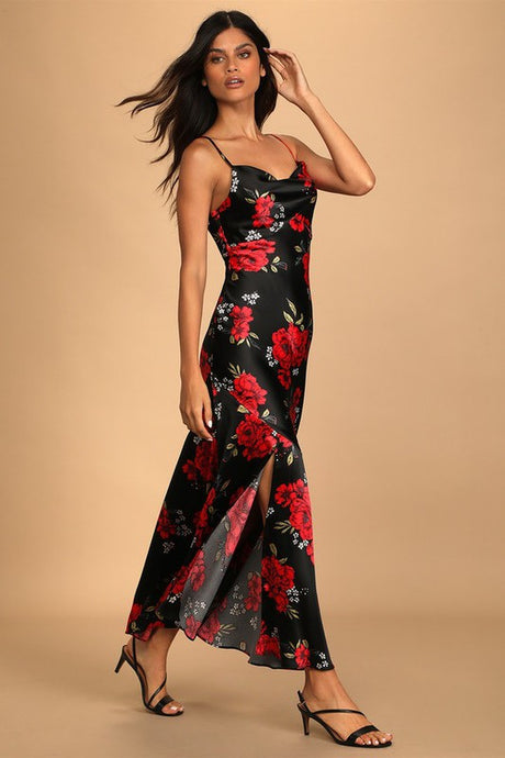 Black Red Satin Print Cowl Neck Maxi Dress