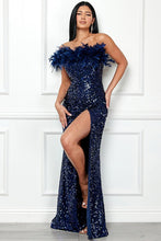 Navy One Shoulder Faux Feather Sequin Slit Maxi Dress