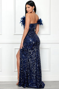 Navy One Shoulder Faux Feather Sequin Slit Maxi Dress