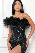 Black One Shoulder Faux Feather Sequin Slit Maxi Dress
