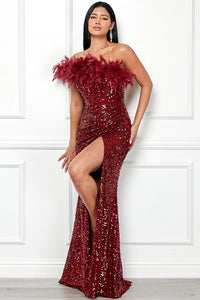 Burgundy One Shoulder Faux Feather Sequin Slit Maxi Dress – Aquarius Brand
