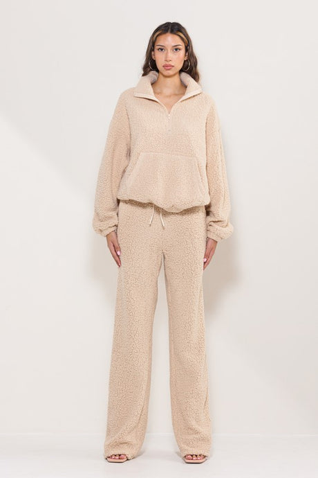 Taupe Teddy Cozy Half Zipup Top And Pants Lounge Set