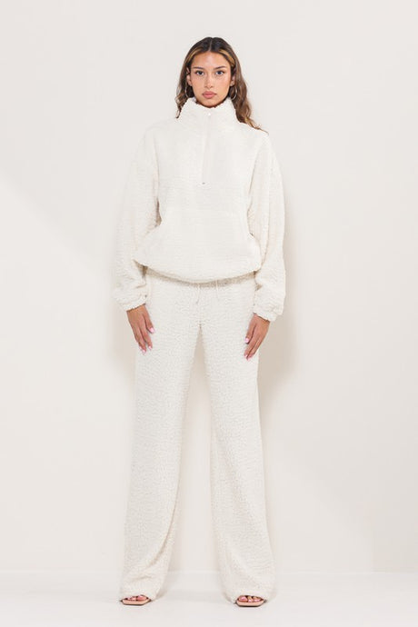White Teddy Cozy Half Zipup Top And Pants Lounge Set