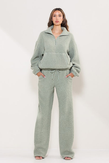 Sage Teddy Cozy Half Zipup Top And Pants Lounge Set