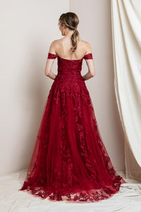 Wine Off The Shoulder Lace Embroidered Maxi